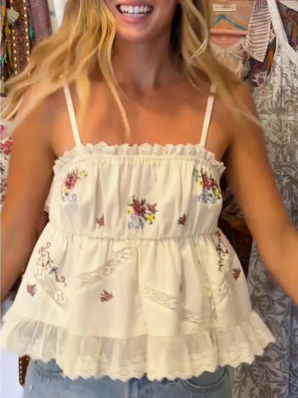 NWT $49 Natural Life Lg Floral-Embroidered Smocked Top - Picture 2 of 7